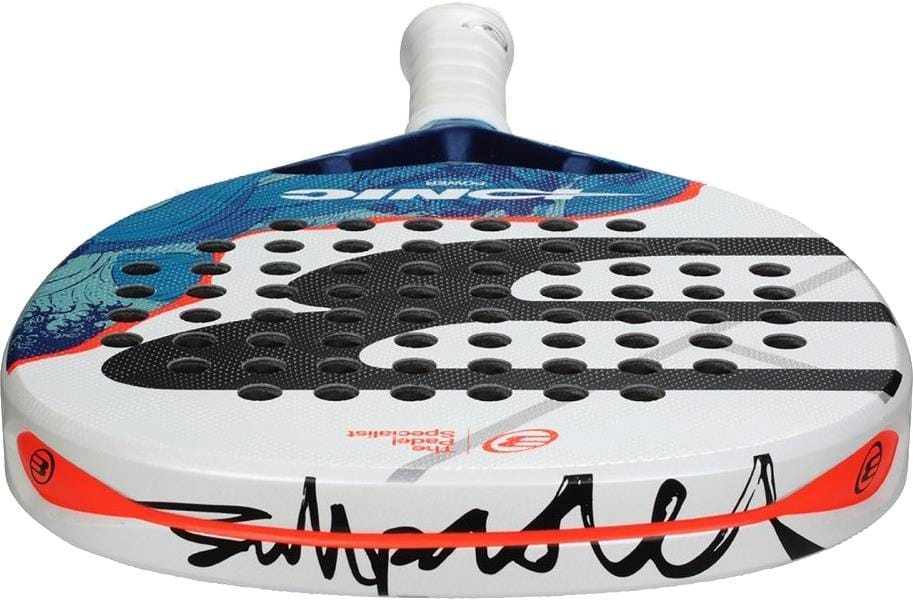 A close-up of the Bullpadel Ionic Power 2026 Padel Racket shows its vibrant white, blue, and orange design with a prominent stylized "S," multiple perforations for power and control, and a handle wrapped in white grip tape.