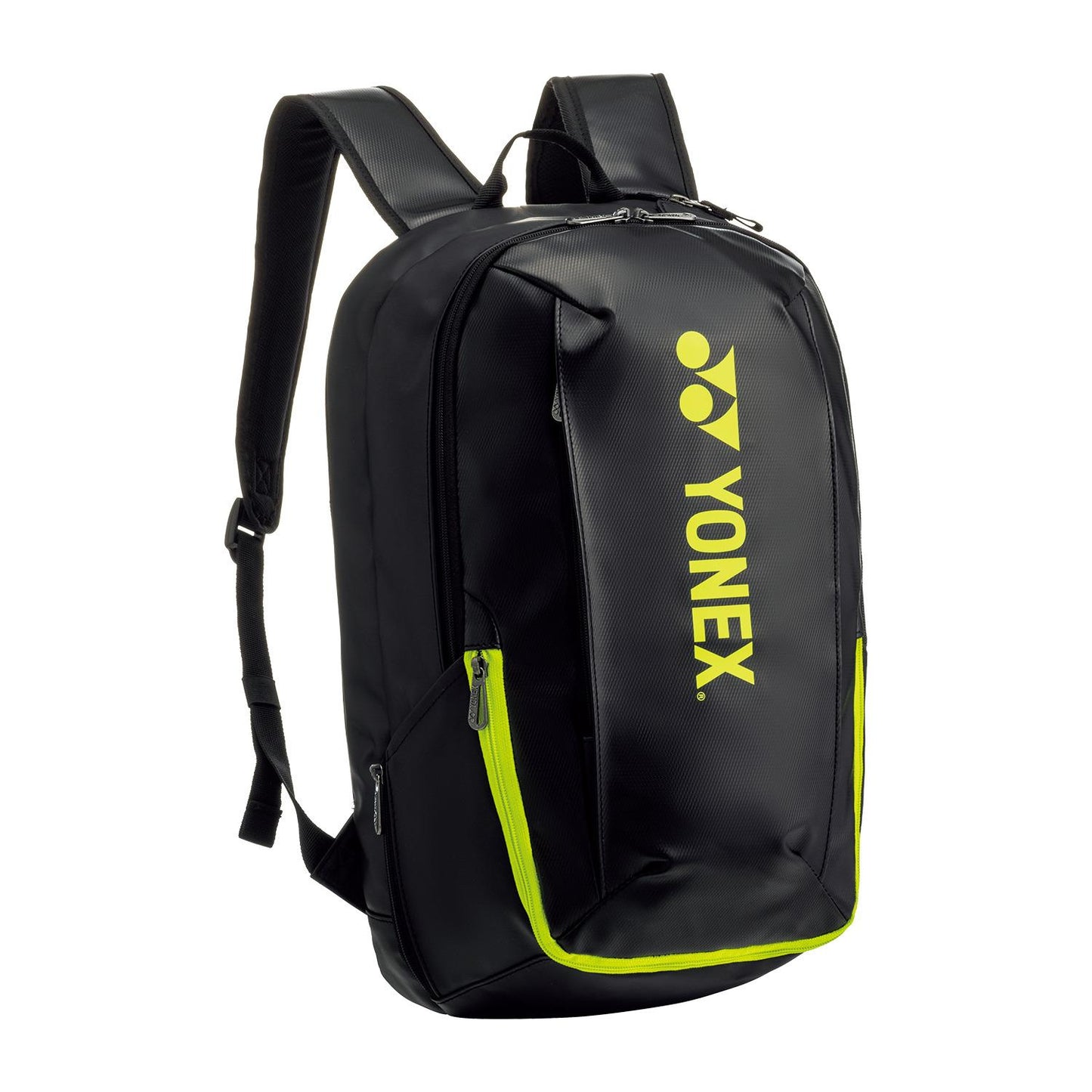 The Yonex 82412EX Active Padel Backpack features a black design with lime accents and logo. It includes two main zippered compartments, a dedicated shoe section, and padded shoulder straps for comfort, making it ideal for both sports and casual use.