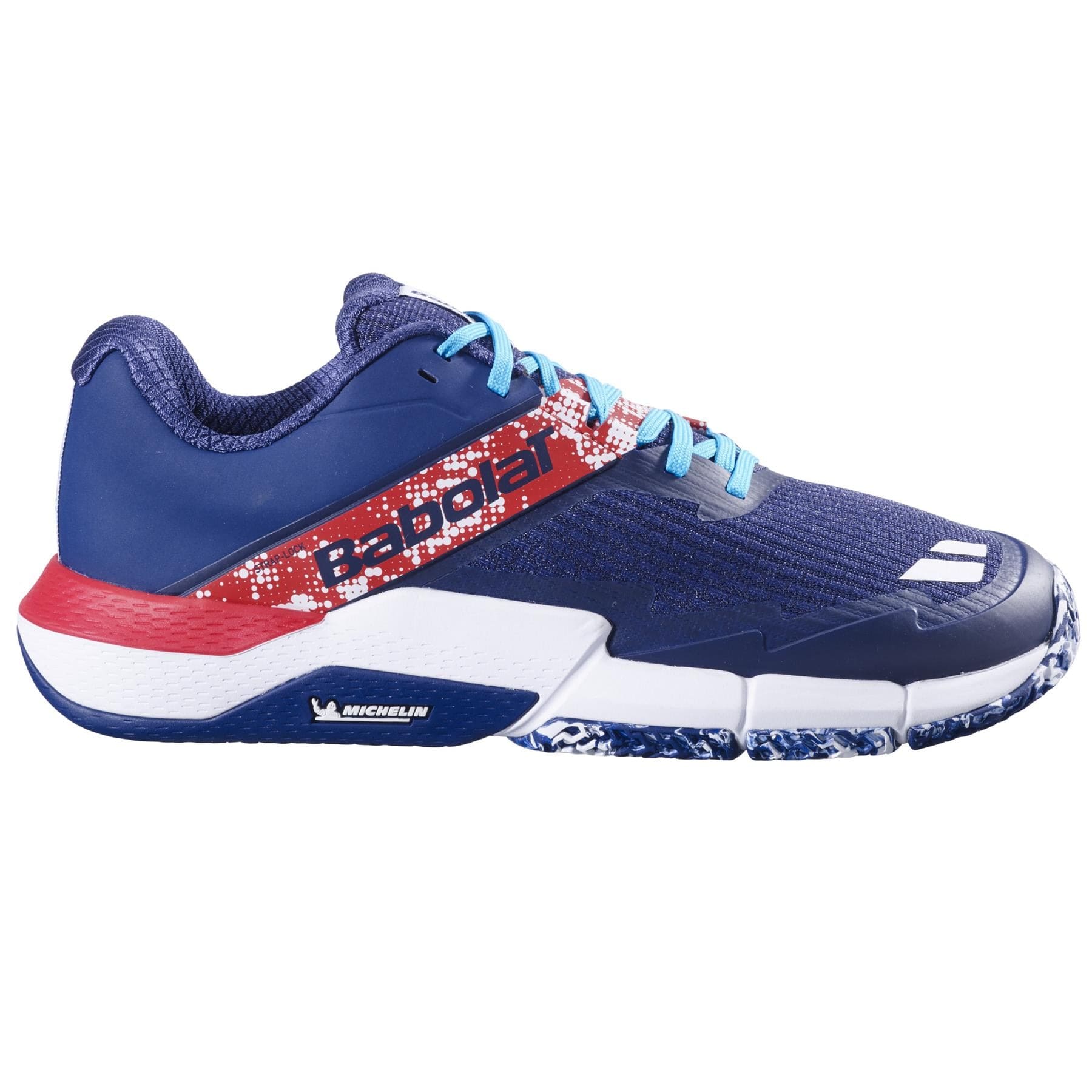 The Babolat Movea 2 Men's Padel Shoes in dark blue and chilli red feature light blue laces, a textured sole with Michelin padel branding, and a signature red dotted side stripe.