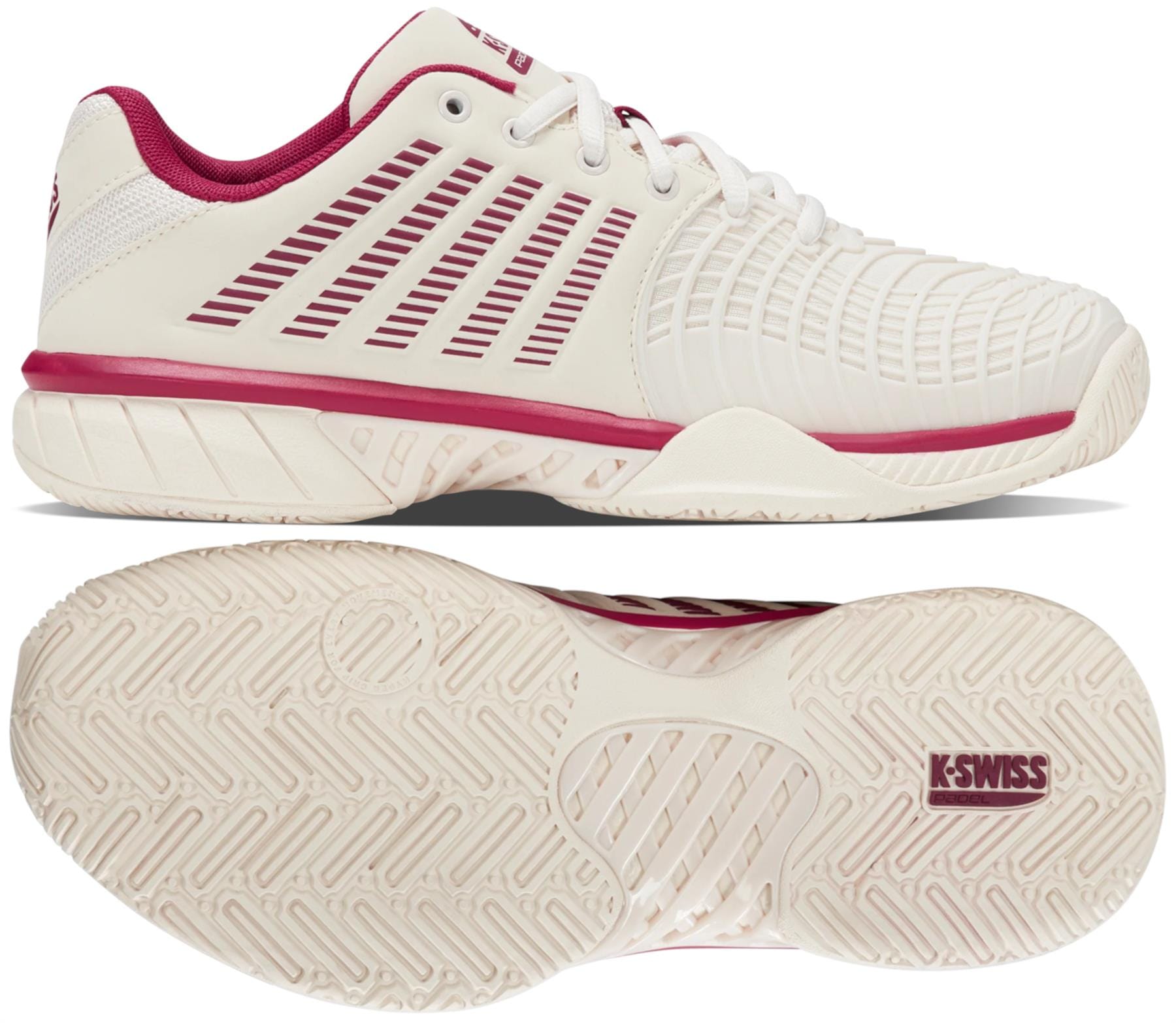 The K-Swiss Express Light 3 Womens Padel Shoes in Jet Stream/Beaujois/Jazzy feature maroon accents, the K-Swiss logo, a striped side design, and a textured sole—lightweight shoes ideal for padel court performance.