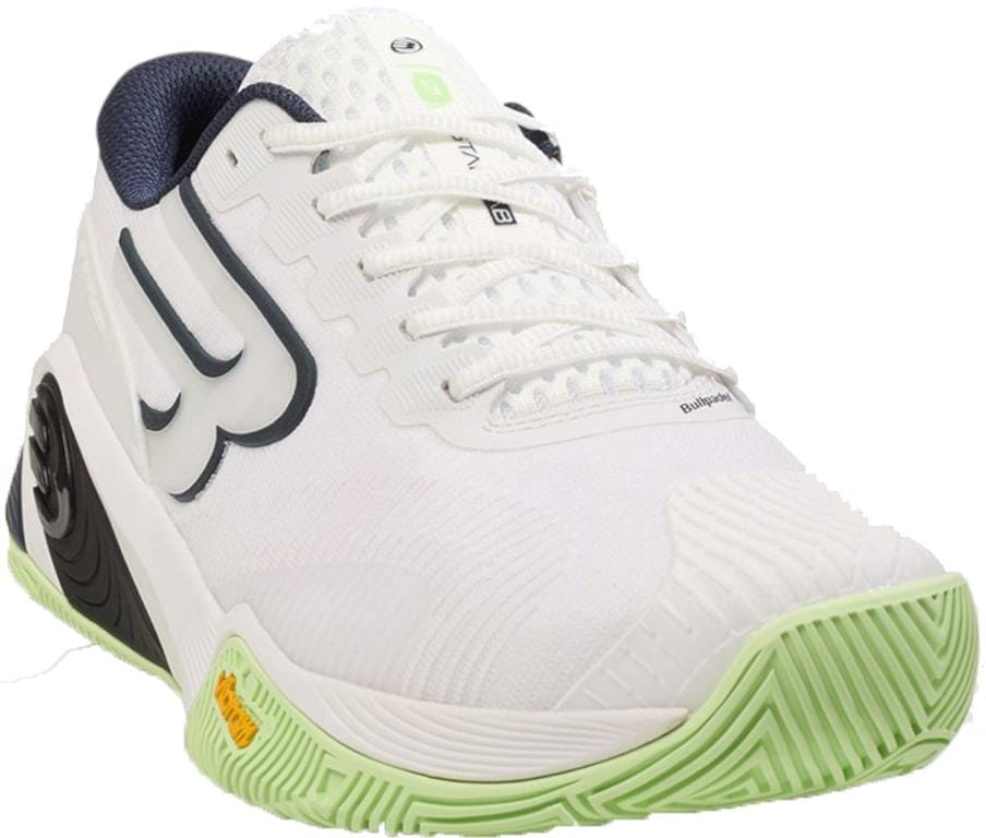 The Bullpadel Hack Vibram 26V Men's Padel Shoes in white feature a light green Vibram outsole, black side logo, navy lining, and textured details, shown from the front left angle on a plain background.