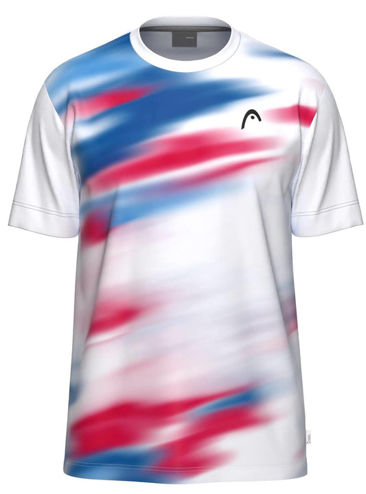 The HEAD Blur Mens Padel T-Shirt - ROXU is a white short-sleeve tee with bold blurred blue and red diagonal streaks, a small black HEAD logo on the left chest, and moisture-wicking fabric for lasting comfort.