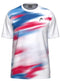 The HEAD Blur Mens Padel T-Shirt - ROXU is a white short-sleeve tee with bold blurred blue and red diagonal streaks, a small black HEAD logo on the left chest, and moisture-wicking fabric for lasting comfort.