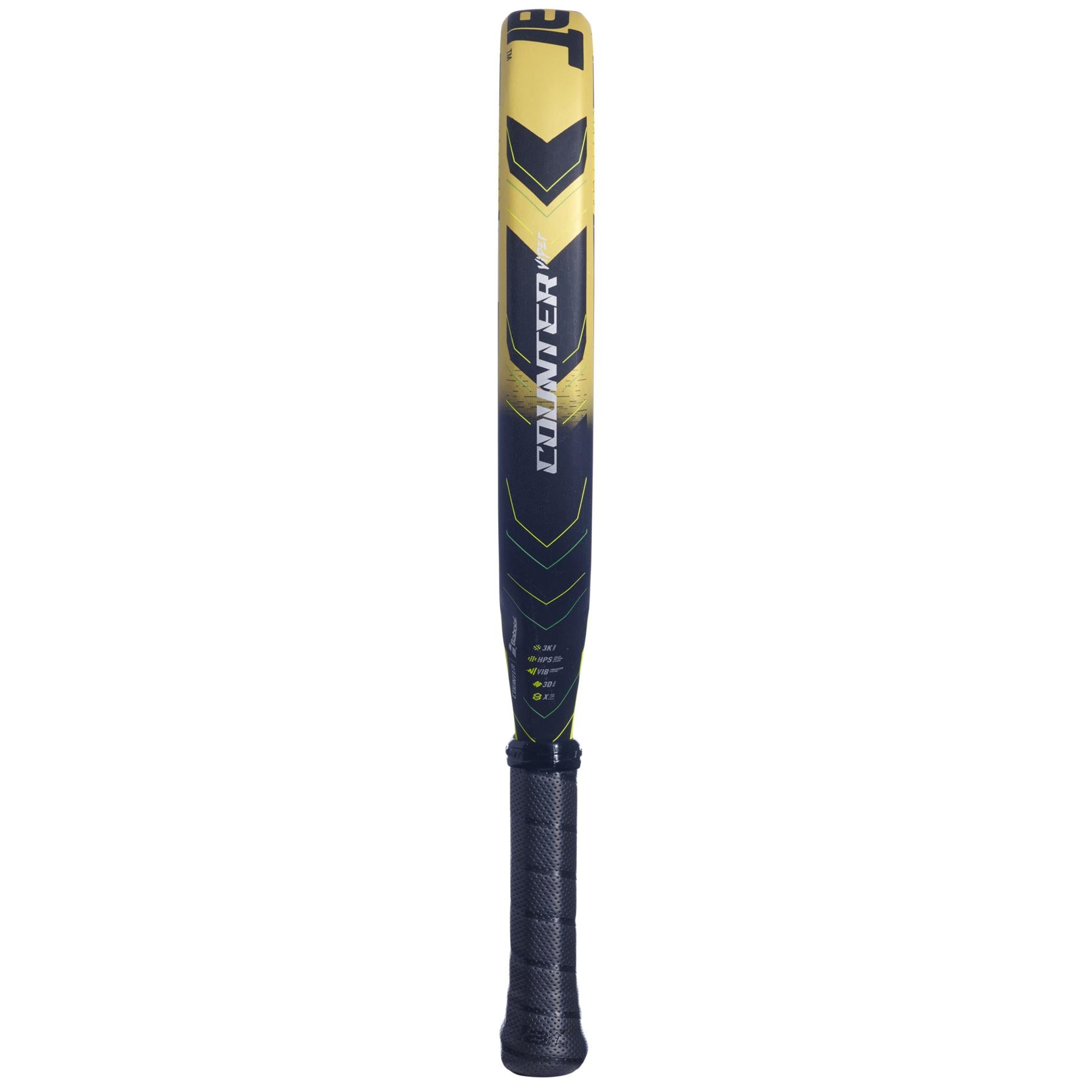 A yellow and black baseball bat, emblazoned with "CONNEX" in white letters, stands vertically against a white backdrop. It boasts a textured grip handle and vibration dampening for impressive power, akin to the precision of the Babolat Counter Viper Padel Racket.