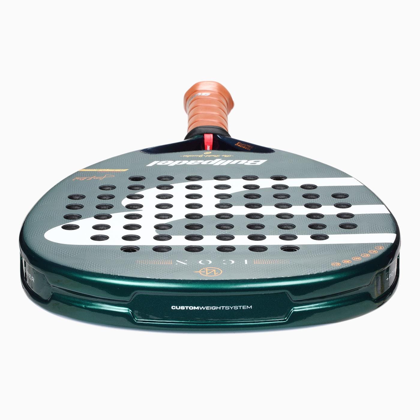 The Bullpadel Icon 2026 Padel Racket - Green features a perforated surface, orange grip, and white accents. Viewed from the handle end, its "Custom Weight System" is visible—a design inspired by Juan Martín Díaz.
