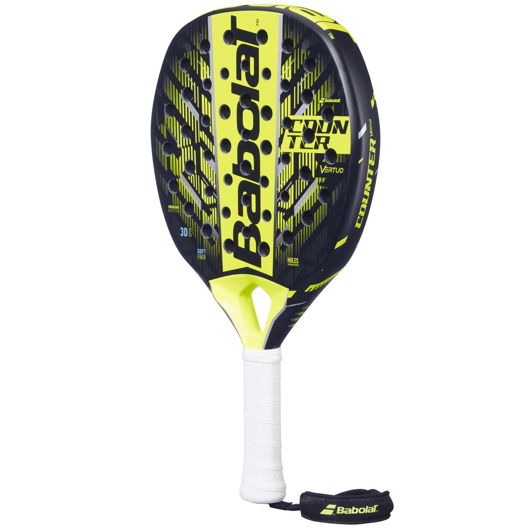 The Babolat Counter Vertuo 2.5 Padel Racket in black and yellow features a white grip, black wrist strap, and visible model name on the face—perfect for counter strikers.