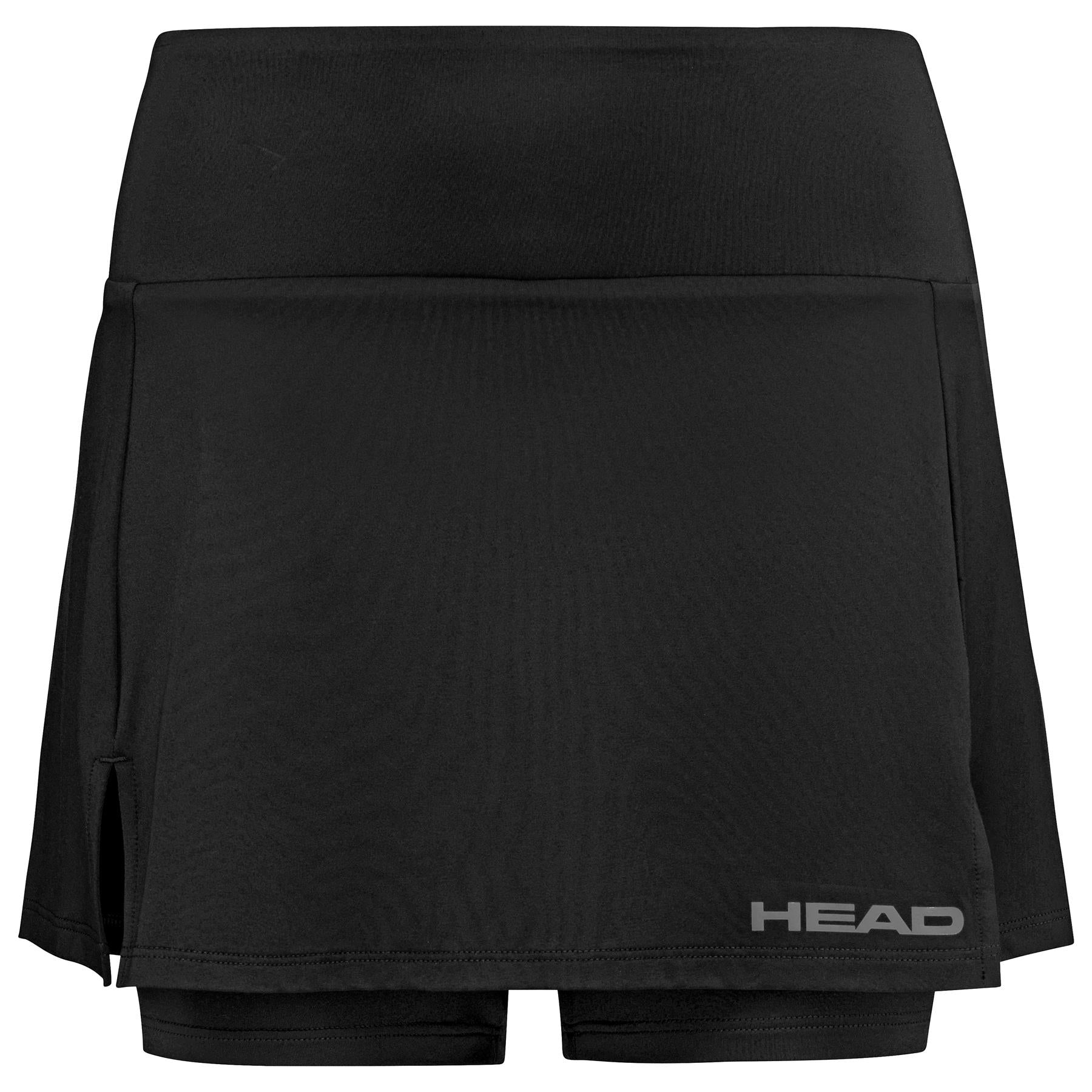 The HEAD Women's Club Basic Padel Skort in black by HEAD Sportswear is an athletic skort with built-in shorts. It features a slit on the left side and has "HEAD" printed in white on the lower right corner, crafted from Moisture Transfer Microfibre to ensure comfort and dryness.