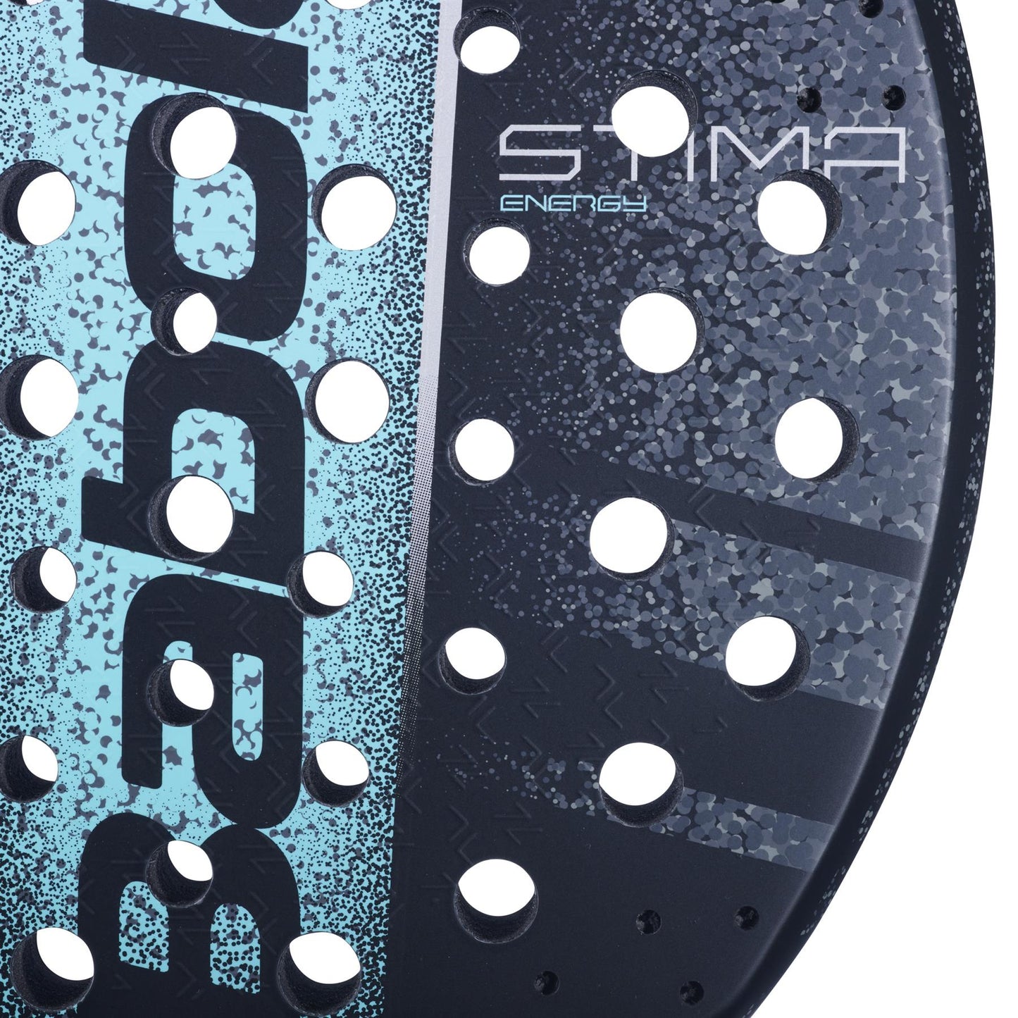 Close-up of a lightweight Babolat Stima Energy padel racket featuring a sleek design in black and turquoise. The "Babolat" branding is partly visible, along with the text "STIMA Energy," complemented by perforations across its surface for enhanced performance.