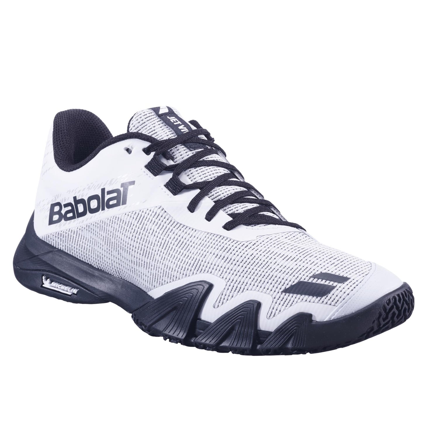 The Babolat Jet Viva Men's Padel Shoes in white/black have a mesh upper and dynamic design suited for intermediate players. A textured sole ensures optimal grip, while the brand's name stands out on the side, making them ideal padel shoes.