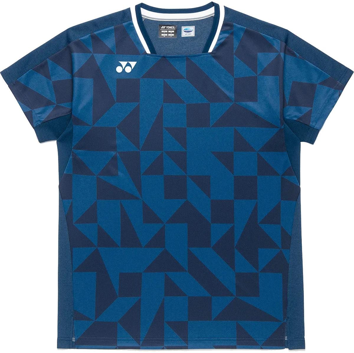 The Yonex 10712YX Crew Neck Men's Padel T-Shirt in Indigo Blue features a geometric pattern, small white left-chest logo, white-trimmed round collar, and quick-dry sports fabric for comfort.