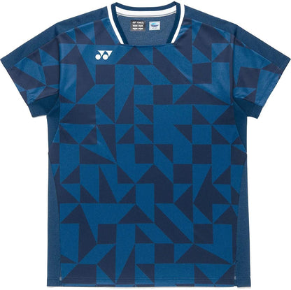 The Yonex 10712YX Crew Neck Men's Padel T-Shirt in Indigo Blue features a geometric pattern, small white left-chest logo, white-trimmed round collar, and quick-dry sports fabric for comfort.