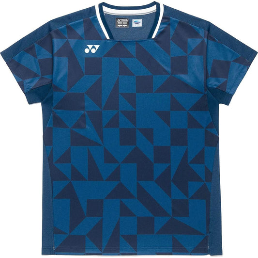 The Yonex 10712YX Crew Neck Men's Padel T-Shirt in Indigo Blue features a geometric pattern, small white left-chest logo, white-trimmed round collar, and quick-dry sports fabric for comfort.