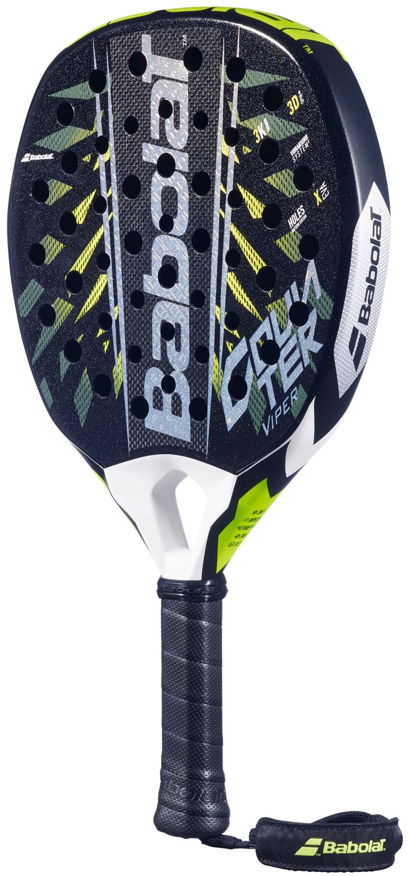 A close-up of the Babolat Counter Viper 2.6 Padel Racket, highlighting its premium 3K carbon construction.