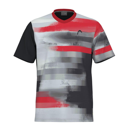 The HEAD Vision Topspin Mens Padel T-Shirt - BKXV by HEAD Sportswear features abstract horizontal stripes in red, gray, black, and white. It is designed with a black left sleeve, a red collar, and a small logo on the upper left chest. This shirt is crafted with Moisture Transfer Microfiber to ensure optimal performance.