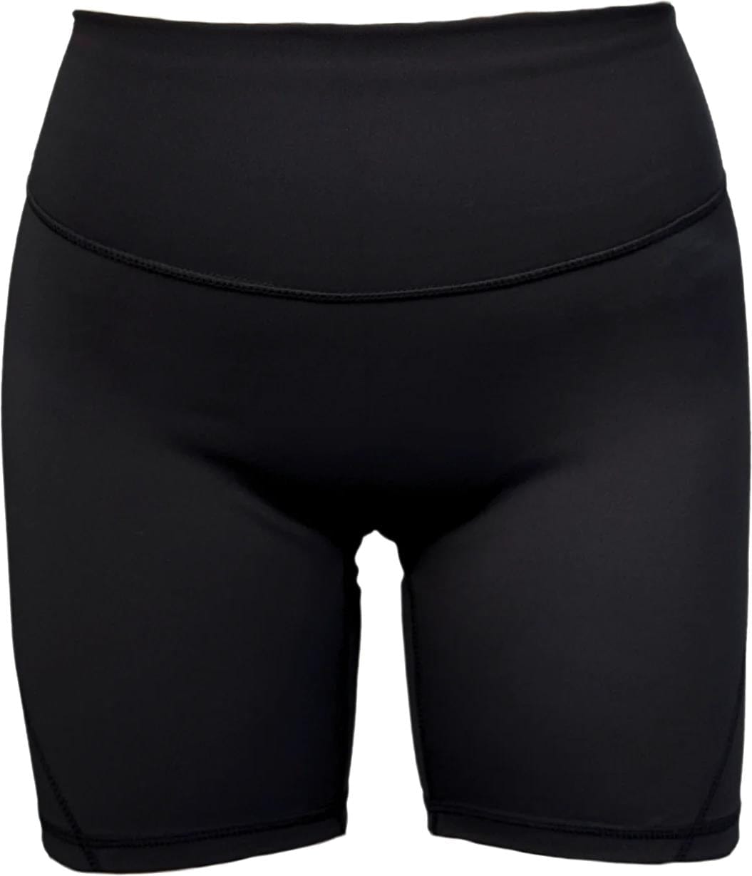 The Yonex YTS2024 Womens Core Padel Shorts in black feature a high-waisted, fitted, and stretchy design with moisture-wicking fabric—ideal for exercise or casual wear. Displayed on a white background.