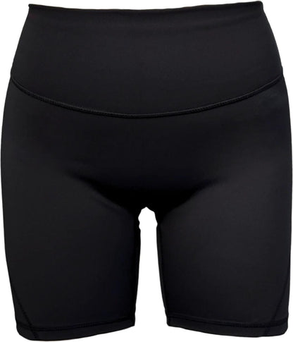 The Yonex YTS2024 Womens Core Padel Shorts in black feature a high-waisted, fitted, and stretchy design with moisture-wicking fabric—ideal for exercise or casual wear. Displayed on a white background.