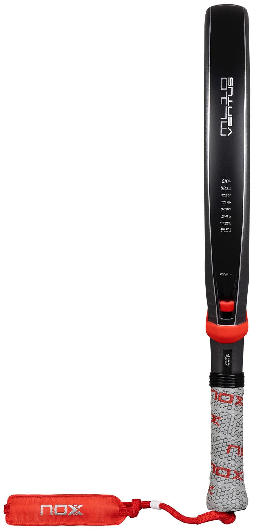 The NOX ML10 Ventus Control 3K By Miguel Lamperti 2026 Padel Racket features a black and red design with a grey honeycomb-patterned grip, making it an excellent choice for players seeking top control.