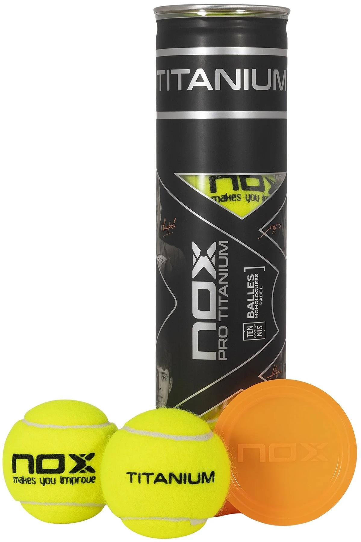 A tube of NOX Pro Titanium Padel Balls by NOX, containing four durable yellow balls labeled "NOX TITANIUM," with an orange lid, renowned for competition-grade quality and longevity.
