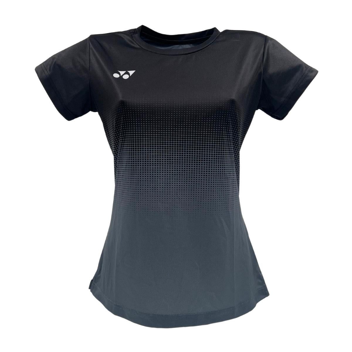 The Yonex YTL5 Women's Padel T-Shirt - Shadow/Black is made from moisture-wicking polyester. It features a sleek black design with short sleeves, a pixelated gray gradient on the front, and a small white logo on the left chest, highlighting advanced fabric technology.