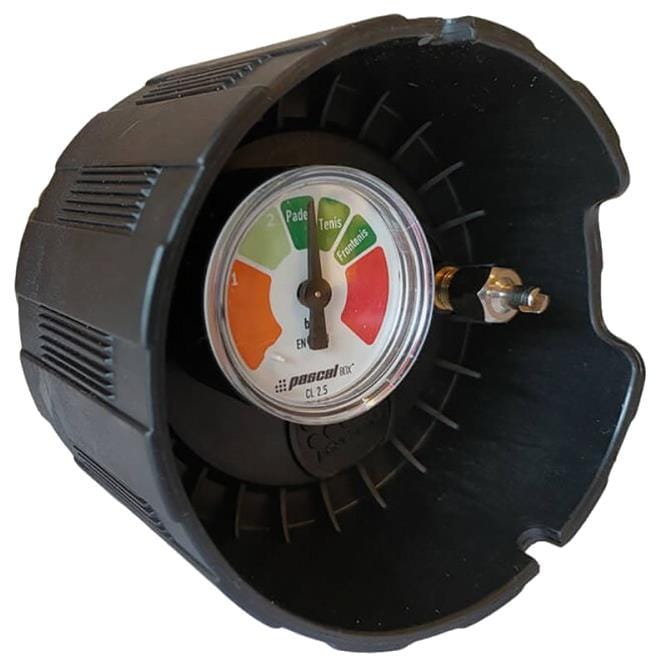 A close-up of the Bullpadel Pascal Padel Ball Pressuriser - 4 Ball Tube pressure gauge in black plastic, showing colored zones labeled "Padel," "Tenis," and "Frontenis" for precise ball pressurizing.