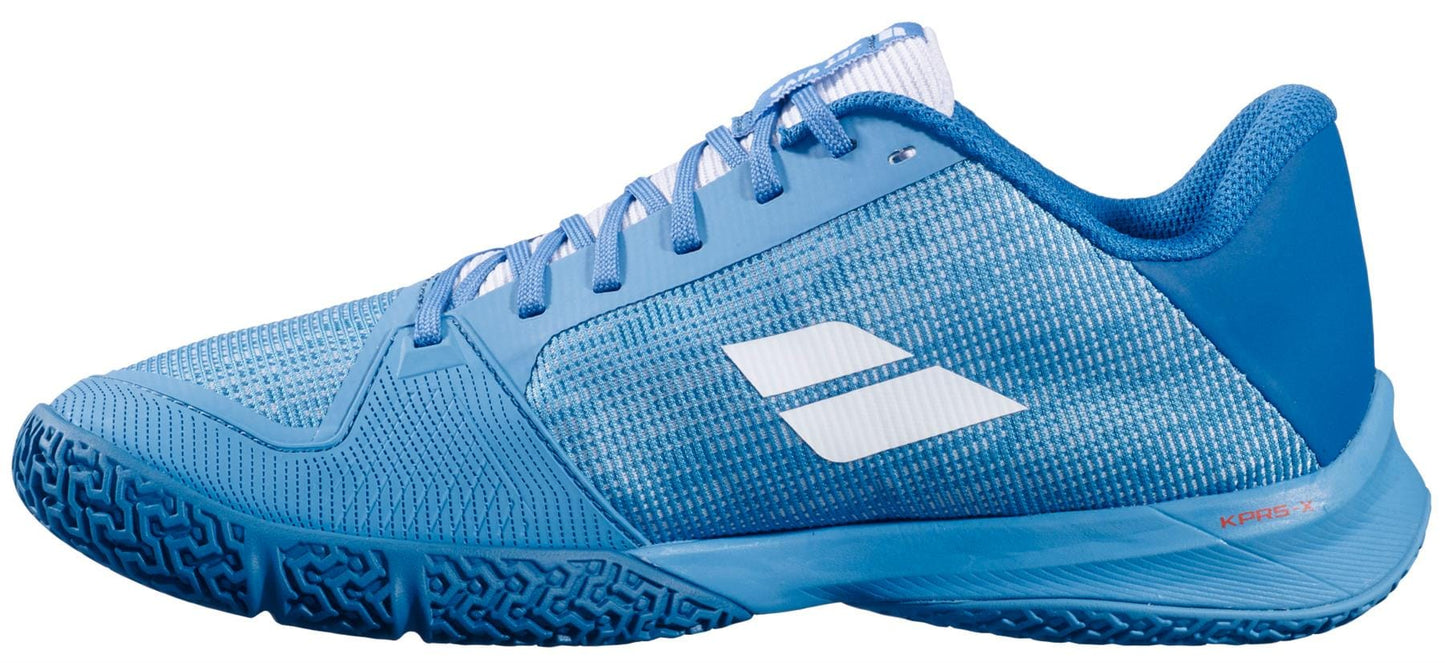 The Babolat Jet Viva Men's Padel Shoes in Blue Moon/Seaport feature white laces, a textured sole, and a white side logo, designed by Babolat for optimal comfort and performance on courts.
