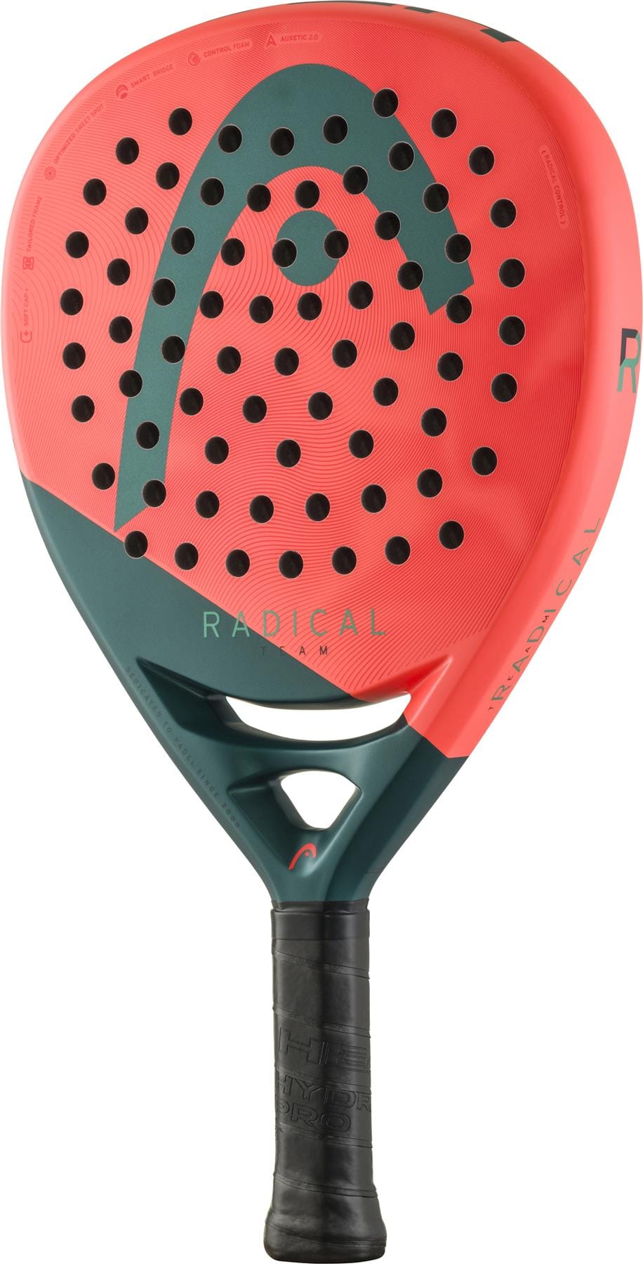 The HEAD Radical Team 2026 Padel Racket in orange and green features round holes, a curved line design, "RADICAL" on the face, Control Foam construction, and a black textured handle for enhanced grip.