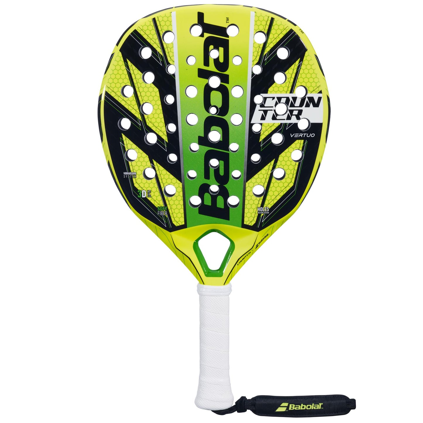 The Babolat Counter Vertuo Padel Racket in Yellow and Black boasts a perforated surface for effortless power. It comes with a white-taped grip, a black wrist strap, and multiple brand logos. Enhance your game with its outstanding vibration absorption features.