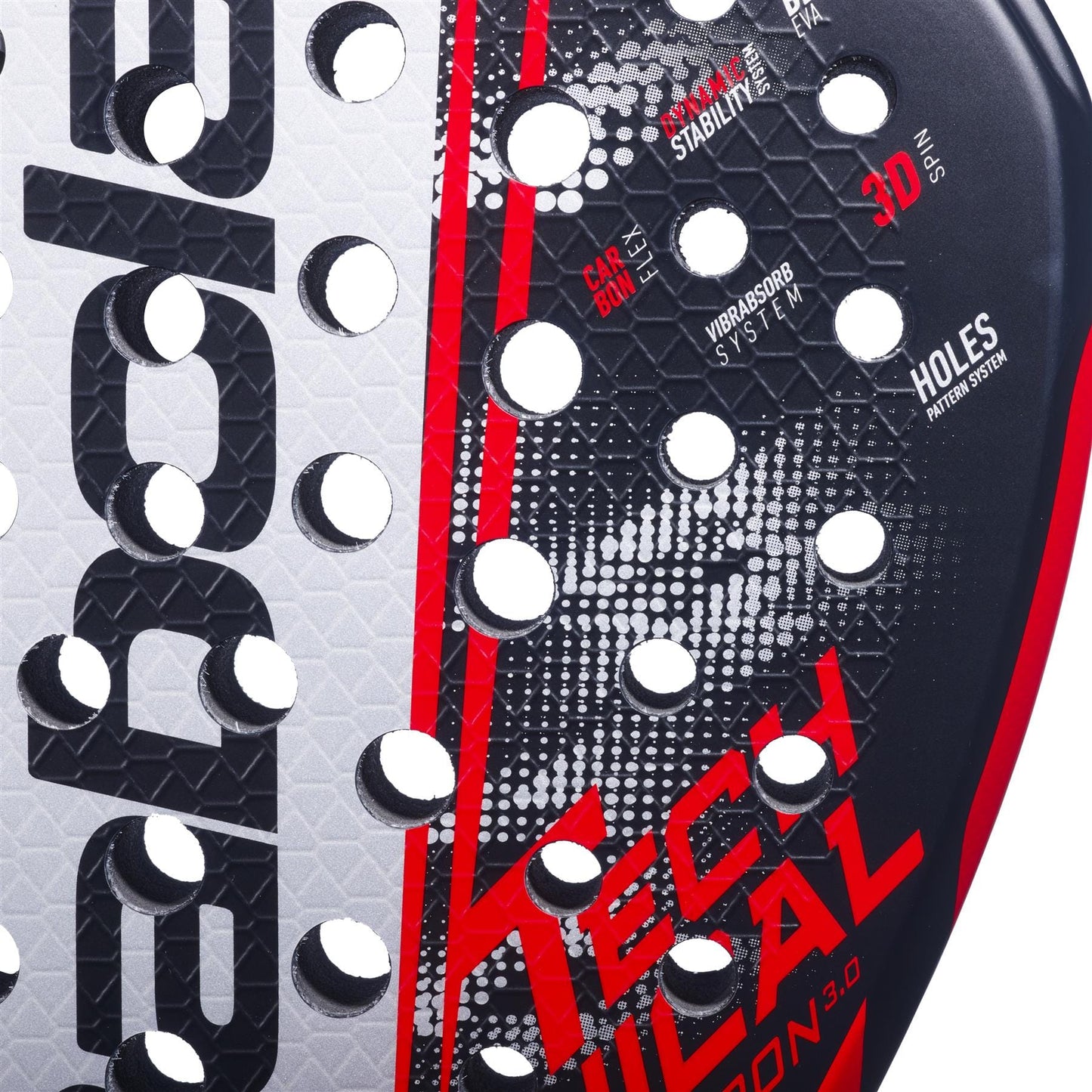 Close-up of the Babolat Technical Veron 3.0 Padel Racket head, showing CarbonFlex construction, textured surface, round holes, and technical feature labels like "Tech," "Stability," and "Vibrabsorb System.