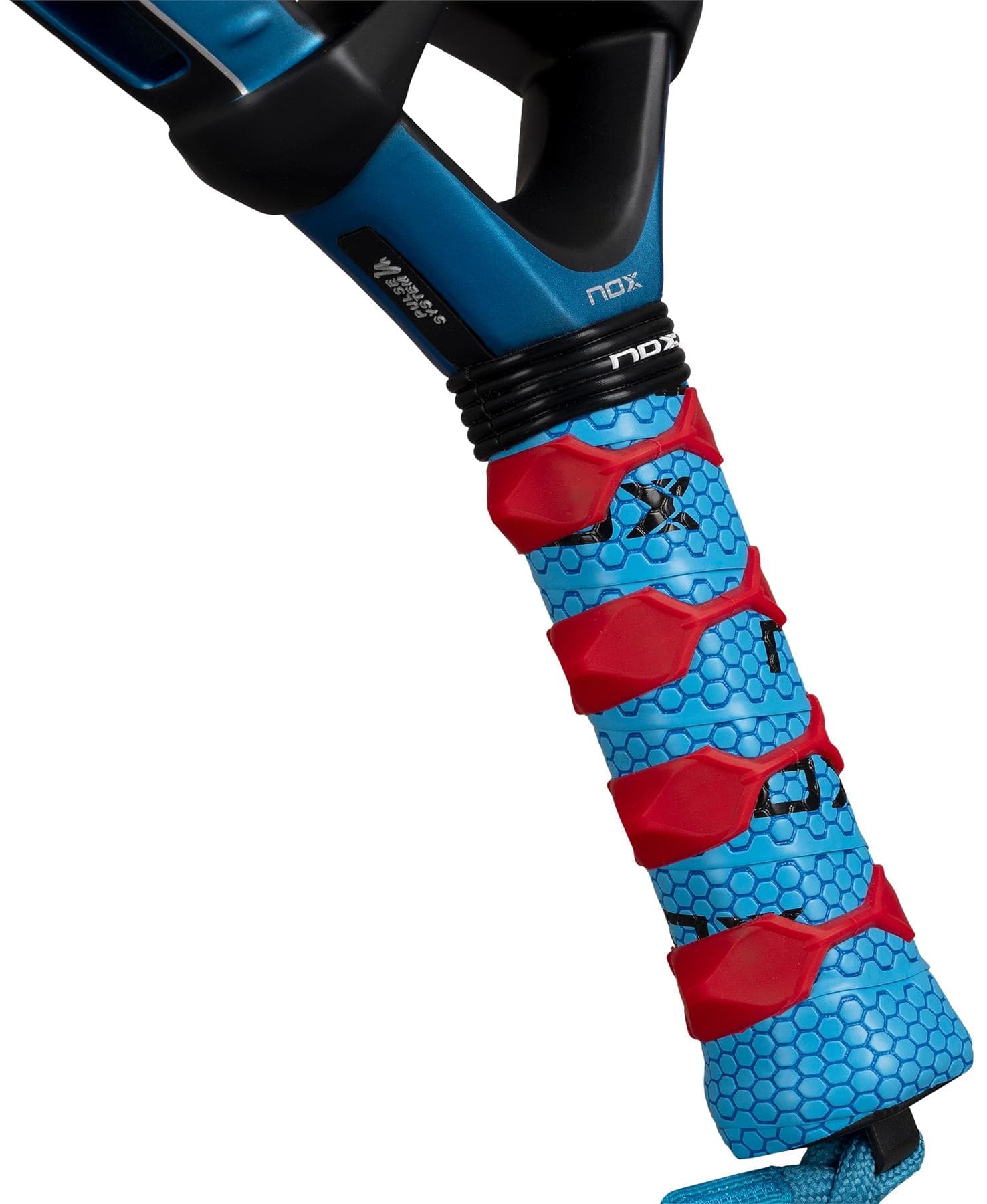 Close-up of the NOX Luxury EA10 Ventus Attack 12K XTREM By Edu Alonso 2026 padel racket handle features a textured blue grip with red spiral accents, showcasing its premium NOX branding and advanced 12K XTREM Carbon construction.