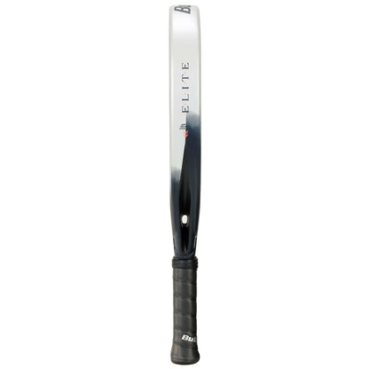 The Bullpadel Elite W 2026 Padel Racket by Bullpadel is shown vertically from the side, featuring a black handle and a white and black frame labeled "ELITE." The side profile emphasizes its top-tier performance design. Strings are not visible.