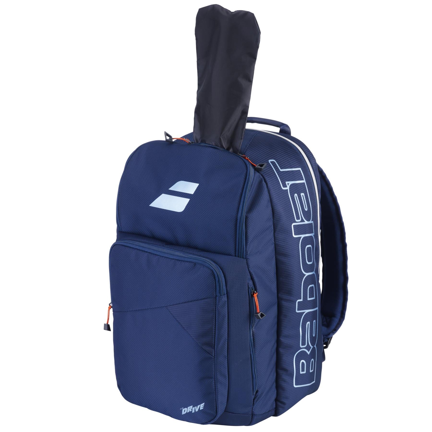 The Babolat Pure Drive Padel Backpack in blue features a sporty design with padded shoulder straps and a racquet sleeve at the top. It includes two main zippered compartments, additional front pockets, and prominently displays "Babolat" on the side.