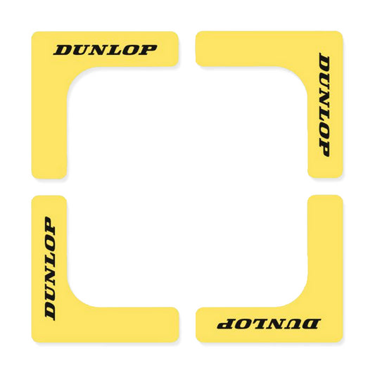 Eight yellow Dunlop Padel Court Edge stickers from the pack are arranged in a square, each featuring the black "Dunlop" text. They are positioned at right angles to mimic a Dunlop Padel Court setup, creating a frame-like effect on a white background.