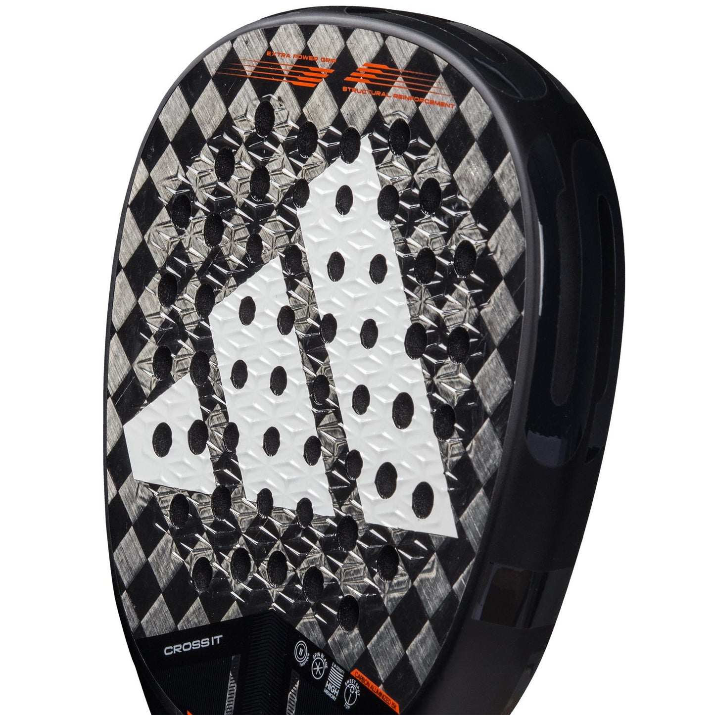 The ADIDAS Cross It 3.4 Padel Racket features a diamond-shaped oversized head with a black and gray checkered pattern, highlighted by a prominent white logo in the center. Its Carbon 15K textured surface and circular perforations complete the design.