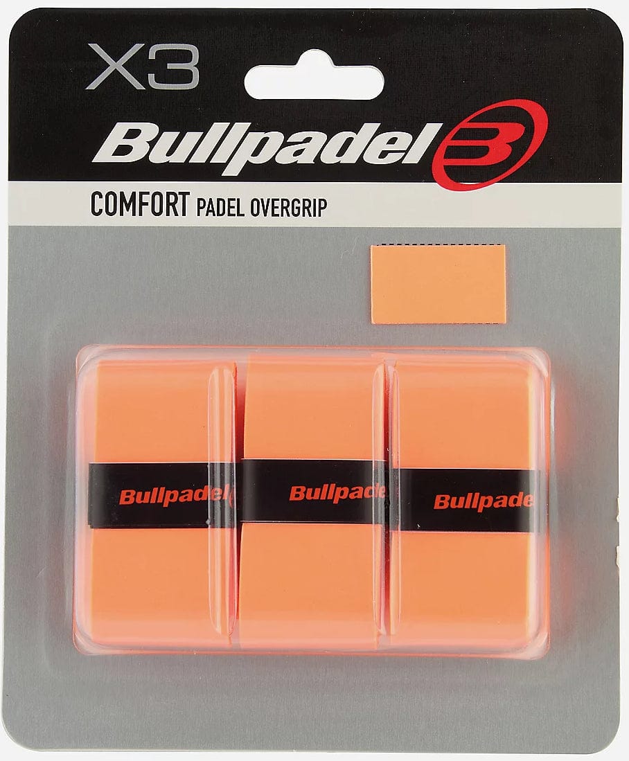 The Bullpadel GB-1200 Padel Overgrips - Fluorescent Orange pack includes three overgrips with black Bullpadel labels, perfect for refreshing your padel racket grip. Neatly packaged with a gray and black cardboard backing.