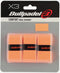 The Bullpadel GB-1200 Padel Overgrips - Fluorescent Orange pack includes three overgrips with black Bullpadel labels, perfect for refreshing your padel racket grip. Neatly packaged with a gray and black cardboard backing.