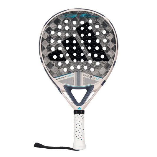 The adidas Cross It Light 3.4 Padel Racket in Chalk White features Power Extra Grip, a perforated hitting surface, white handle, black adidas logo on the face, and a black wrist strap for secure play.