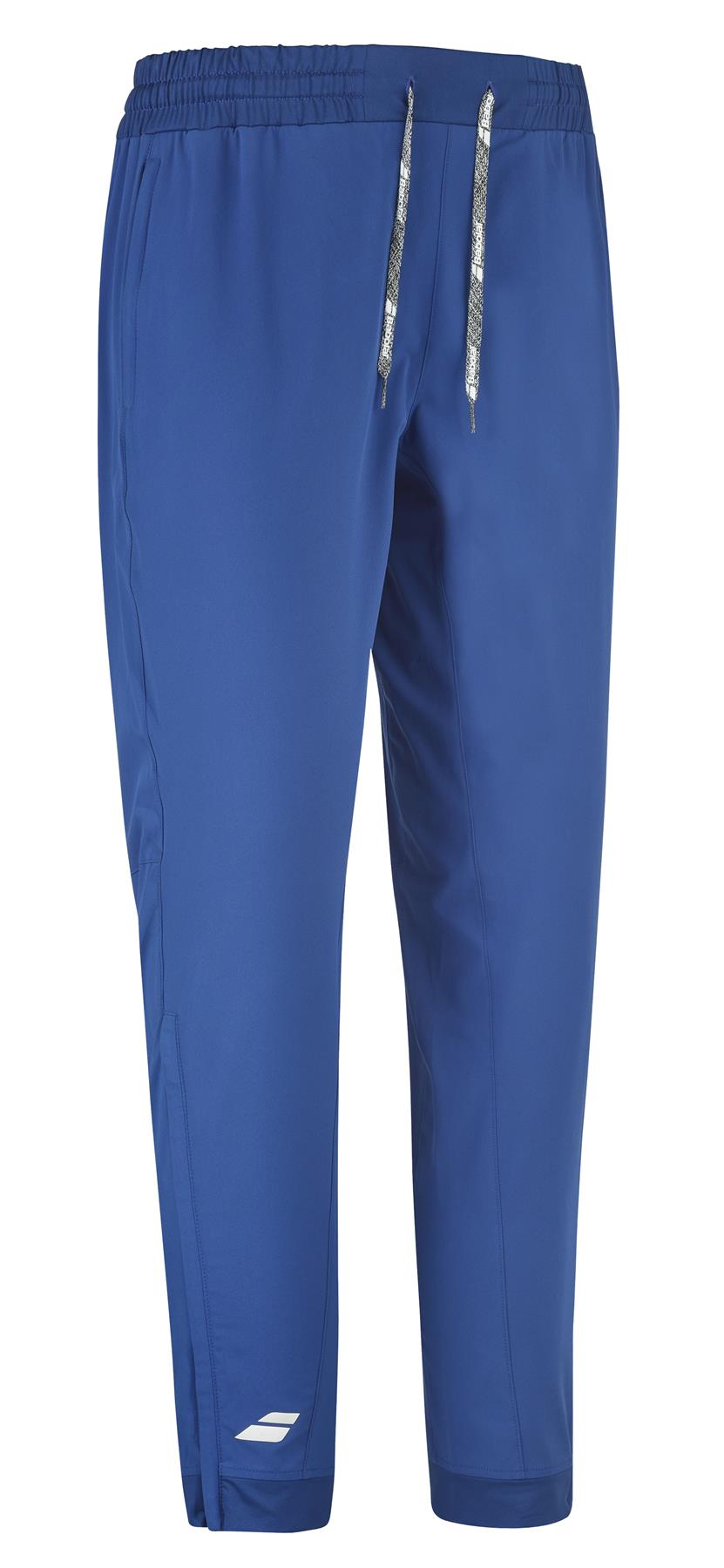 The Babolat Play Men's Padel Pants in Sodalite Blue are designed for 360 Motion, featuring an elastic waistband and a gray drawstring. These Fiber Dry pants have a small white logo near the bottom and offer a relaxed fit, making them perfect for all your active needs.