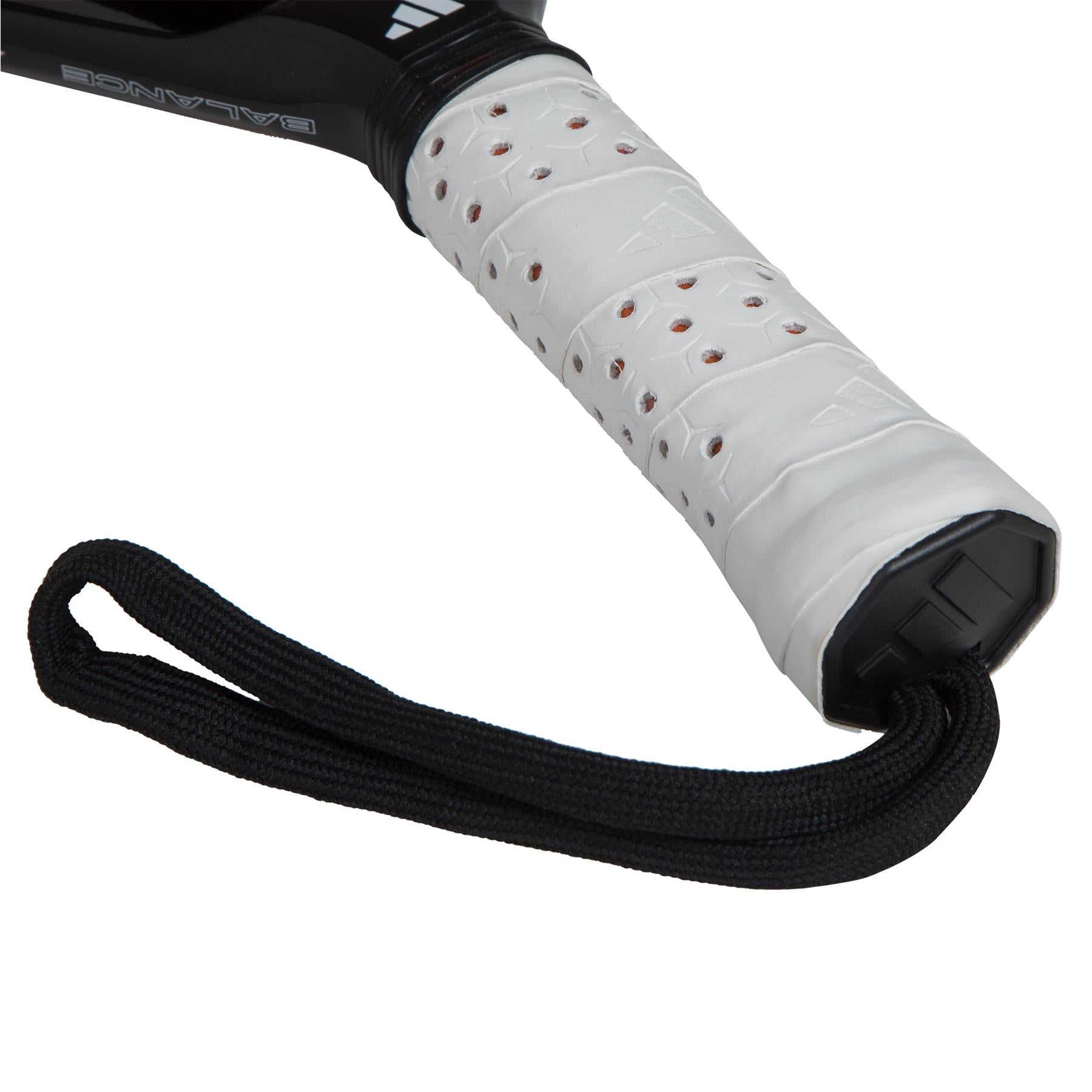 Close-up of an ADIDAS Cross It Team 3.4 Padel Racket handle in black/orange with a strap, wrapped in white grip with small holes and embossed logos. This advanced-level racket features "BALANCE" and dynamic airflow for enhanced court performance.