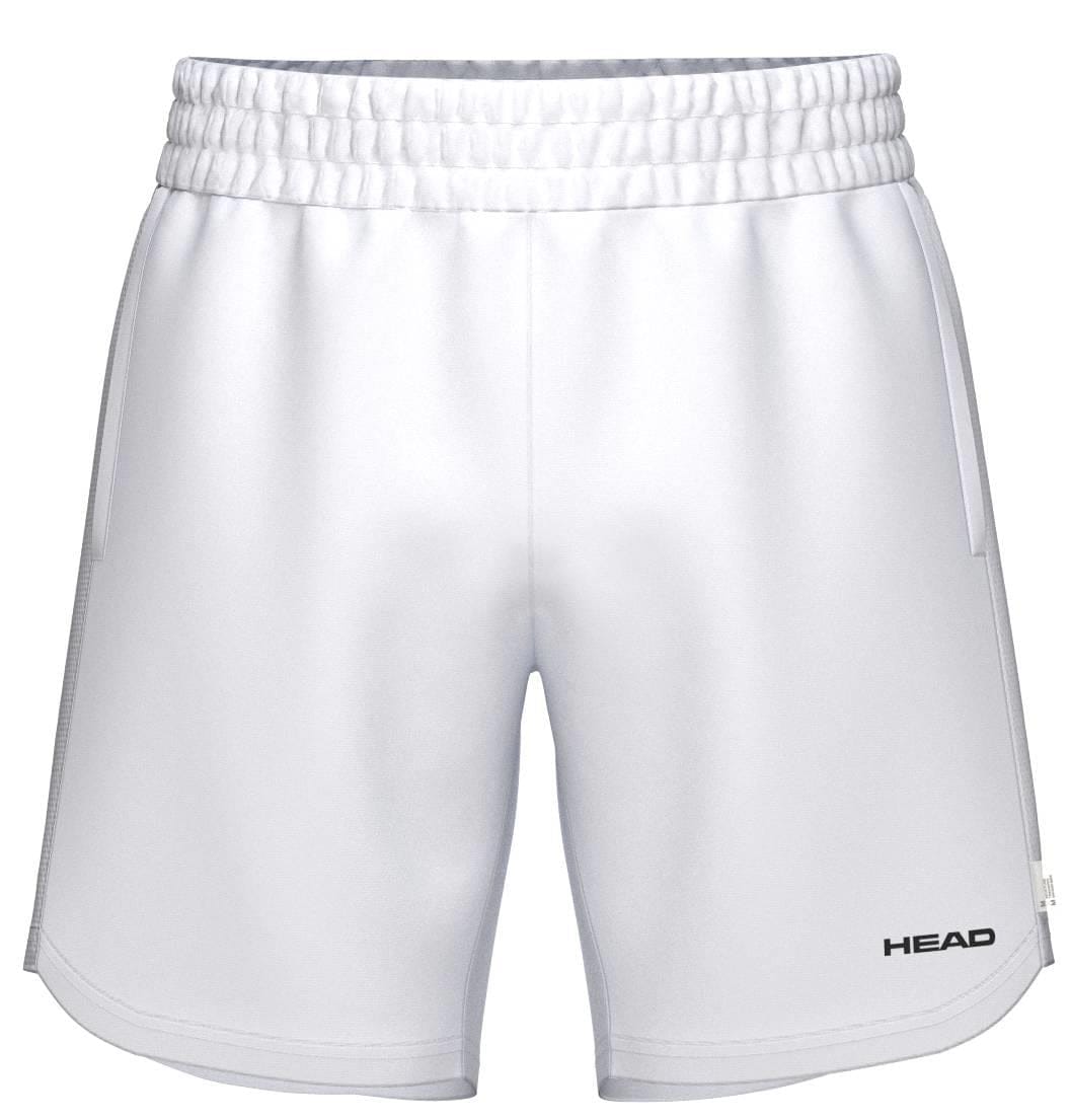 The HEAD Power Mens Padel Shorts in white feature an elastic waistband and moisture-wicking fabric, offering breathable comfort for sports or athletic activities.