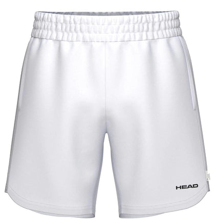 The HEAD Power Mens Padel Shorts in white feature an elastic waistband and moisture-wicking fabric, offering breathable comfort for sports or athletic activities.