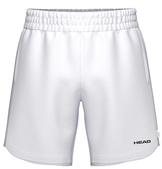 The HEAD Power Mens Padel Shorts in white feature an elastic waistband and moisture-wicking fabric, offering breathable comfort for sports or athletic activities.