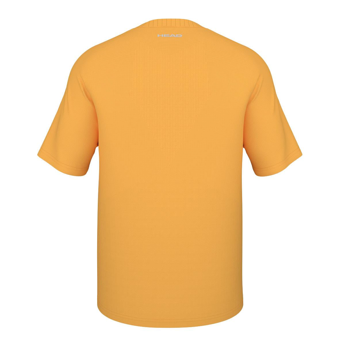 Back view of the HEAD Performance Men's Padel T-Shirt - XPBN in orange, featuring short sleeves, a subtle texture, body mapping technology, and the brand logo near the neckline.