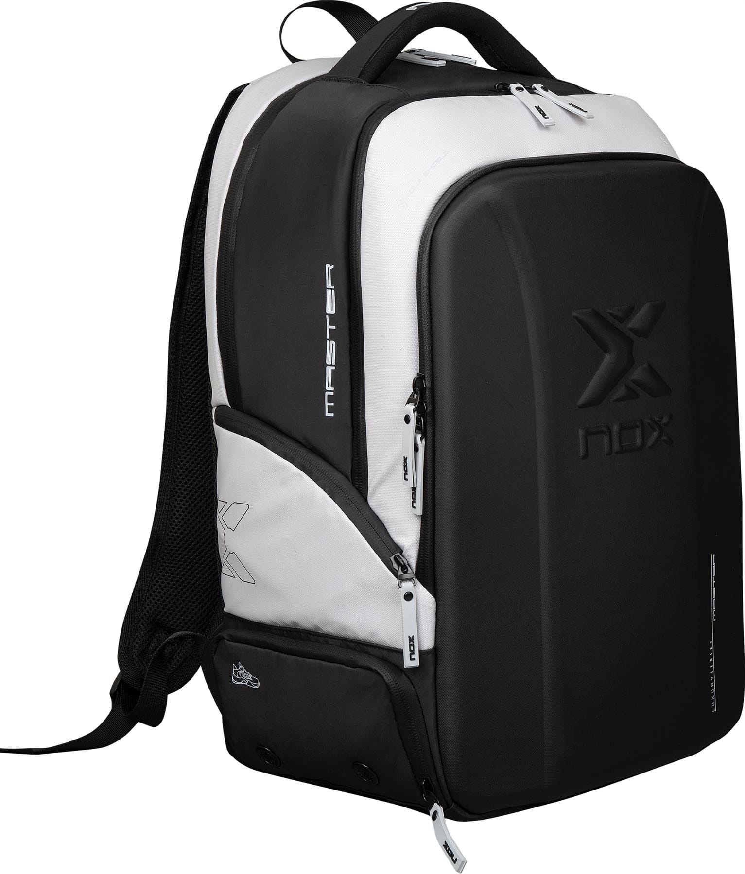 The NOX Luxury Master Series Padel Backpack in black and white features a hard-shell front, multiple zippered compartments, a side pocket, and bold NOX branding—an ideal stylish racket bag for padel enthusiasts.