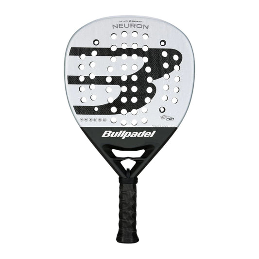 The Bullpadel Neuron 2025 Padel Racket, featuring a sleek design with a black handle and a white paddle surface, prominently showcases the Bullpadel logo and "NEURON" on the top. With X-TEND Carbon 3K technology, it is engineered with circular perforations to enhance playing performance.