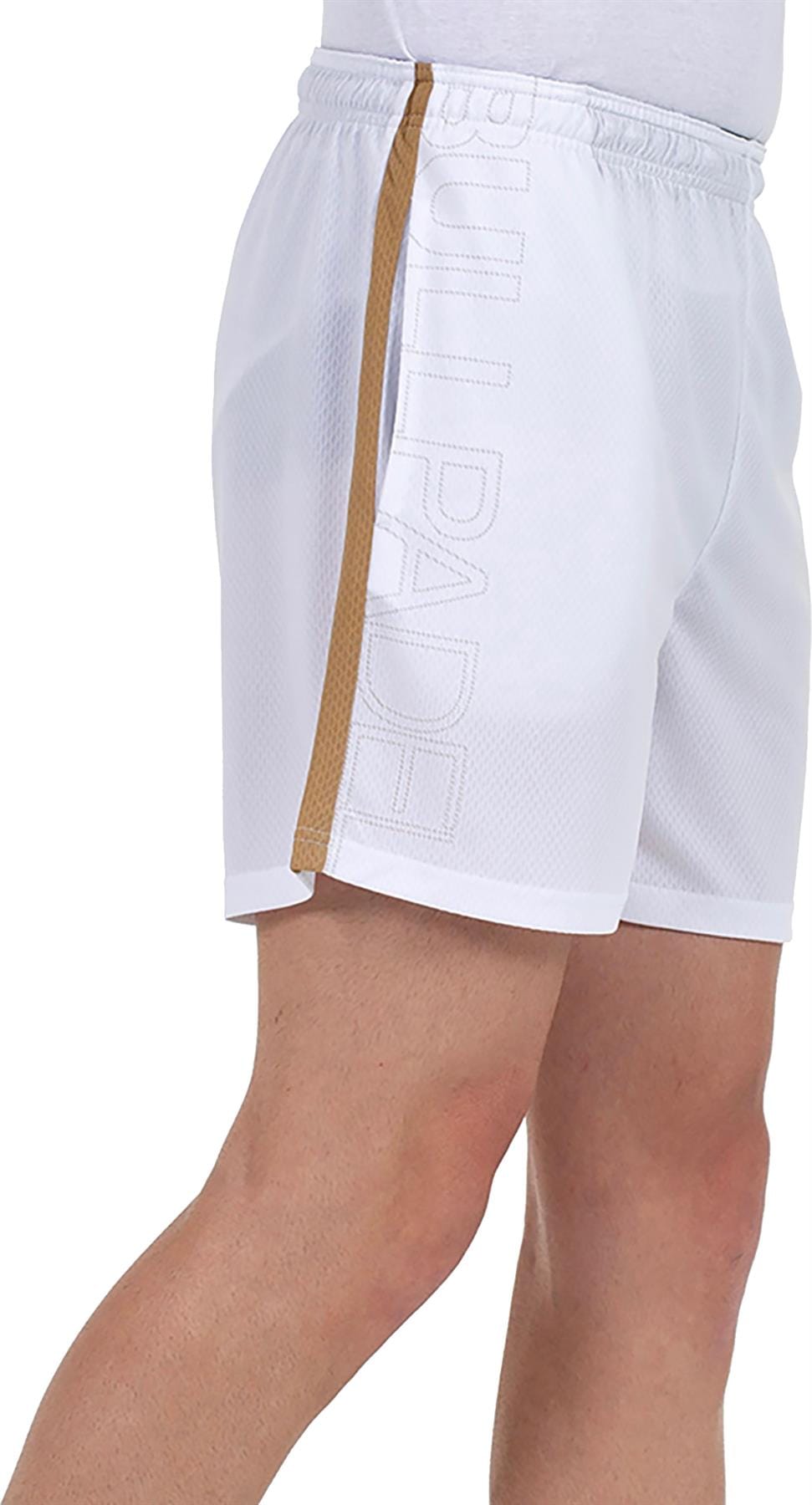 A person in Bullpadel Campaza Men's Padel Shorts—white with a gold side stripe and vertical "BULLPADEL" print—paired with a white shirt. Only the lower torso and upper legs are visible. Features Quickerdry technology.