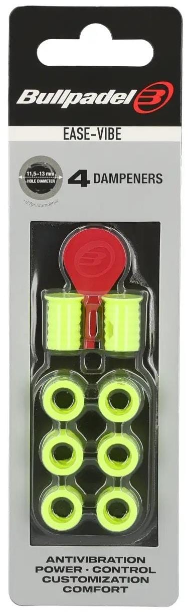 The Bullpadel Ease Vibe Padel Dampeners - Black pack includes 4 neon yellow dampeners and a red tool, all in sleek packaging—a must-have Bullpadel accessory for reducing racket vibration and enhancing power, control, customization, and comfort.