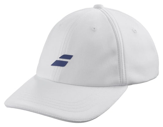 The Babolat Pure Logo Cap - White by Babolat is a lightweight baseball cap that features a small blue logo with two horizontal lines on the front. Crafted from recycled polyester, it includes a curved brim and visible stitching along the panels for enhanced style and durability.