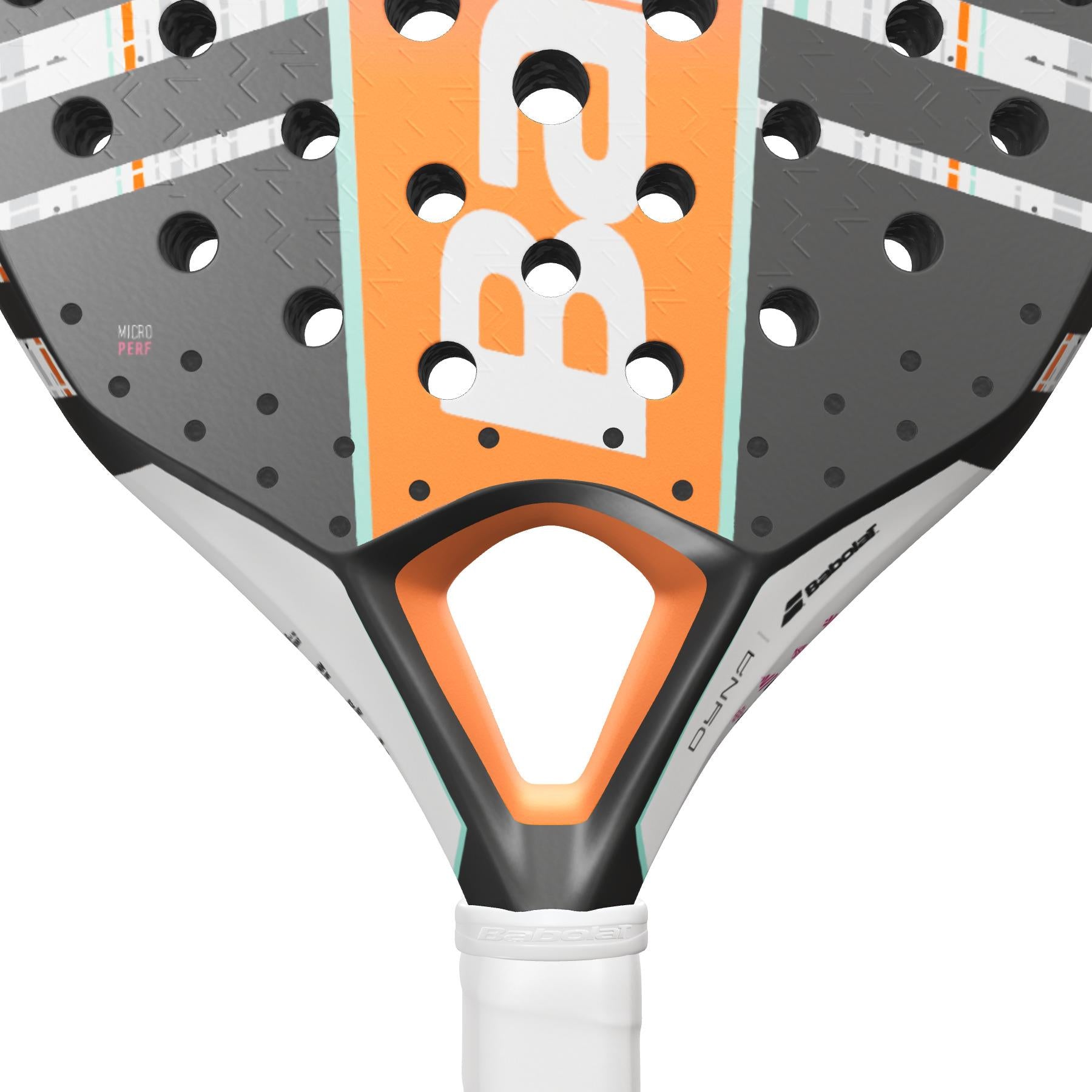 Close-up of a modern padel racket from Babolat, featuring a white and pink color scheme. The design includes the recognizable Babolat brand logo, Dyna Energy technology, and a triangular cut-out near the handle. The Carbon Flex surface boasts multiple holes and text details for enhanced performance.