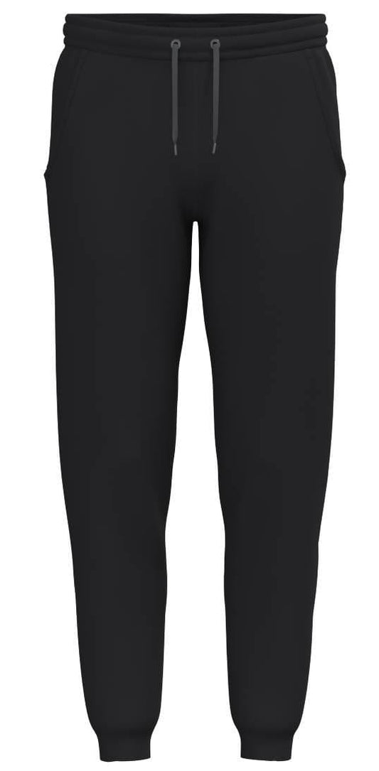 The HEAD Club Original Men’s Padel Pants in black feature an elastic waistband, front pockets, drawstring ties, and fitted cuffs for a sporty premium look, shown against a white background.