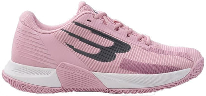 The Bullpadel Performance Comfort 26V Womens Padel Shoes in pink feature a textured sole, white midsole, and a standout black and purple logo, offering exceptional stability and comfort for padel with a secure lace-up design.